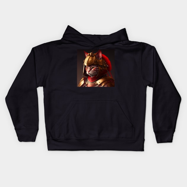 Samurai Cat Warrior Wearing Red and Gold Armor Kids Hoodie by ArtisticCorner